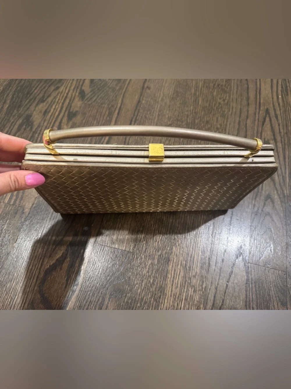 Vintage Ganson Metallic Woven Top Handle Clutch Purse Champagne Gold Evening Bag
